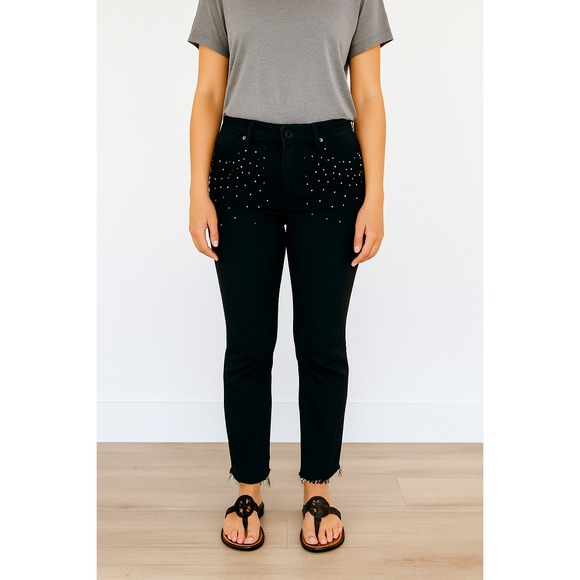 Zara Premium Denim Jeans Studded Embellished Frayed Hem Black - Picture 1 of 6